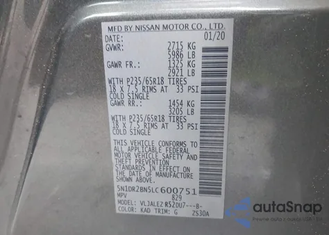 2020 Nissan Pathfinder Sv 2Wd z USA, uszkodzony, nr VIN 5N1DR2BN5LC600751